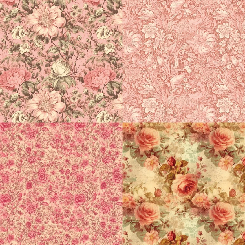 24pcs 6'x6' Pink Roses Scrapbook Paper, Vintage Floral Craft