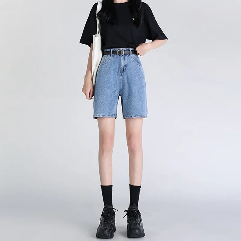 Denim Planet Dark Blue Capris Women's Summer Thin High Waisted A-line Straight Leg Shorts Wide Leg Denim Shorts Trendy