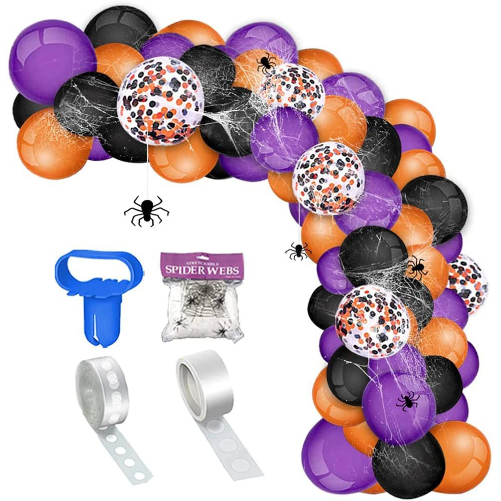 

114PCS Halloween Purple Orange Balloon Garland Arch Kit Confetti Balloons Spider Web Set for Halloween Party Decorations