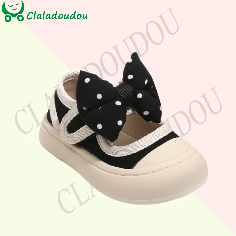 

High Quality Toddler Canvas Shoes For Girls With Big Bowtie-knot Black Beige Soft Rubber Sole Autumn Casual Shoe For Baby School