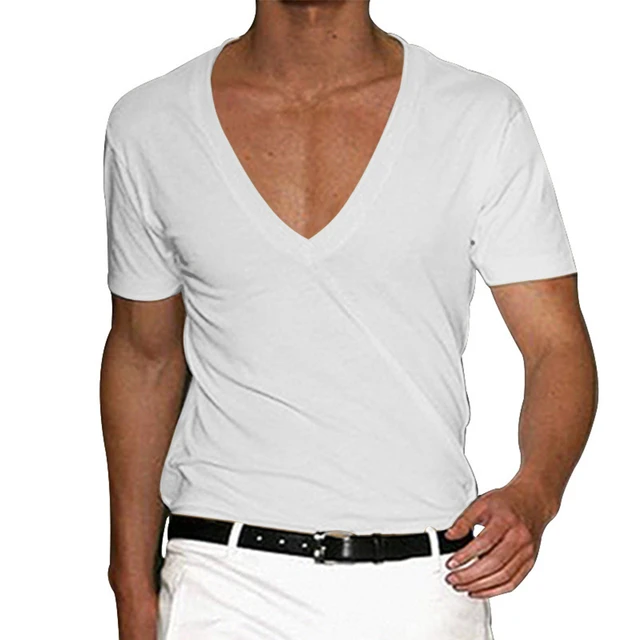 Deep V Neck T Shirt for Men Low Cut Scoop Tee Invisible Vee Top Cotton  Short Sleeve Wide Neck White S : : Fashion