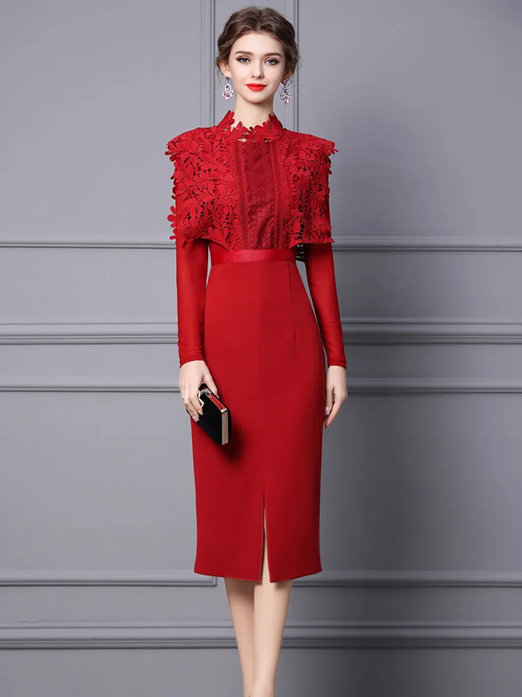 ZJYT New Autumn Long Sleeve Midi Evening Party Dresses for Women 2024  Elegant Hollow Lace Patchwork Dress Red Formal Vestidos - AliExpress  200000345