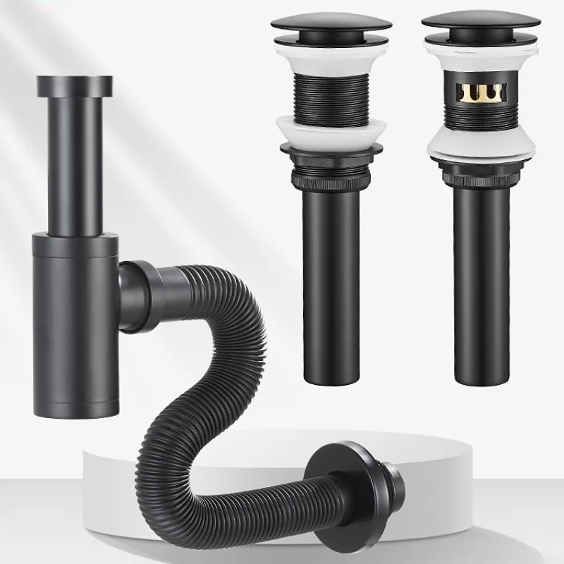 Sleek Black Brass Bathroom Sink Drain with Pop-Up Siphon