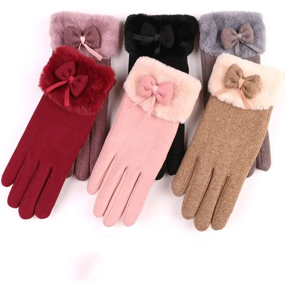 

Plus Velvet Bowtie Glove Elastic Windproof Warm Full Finger Gloves Cycling Gloves Plush Female Gloves girl