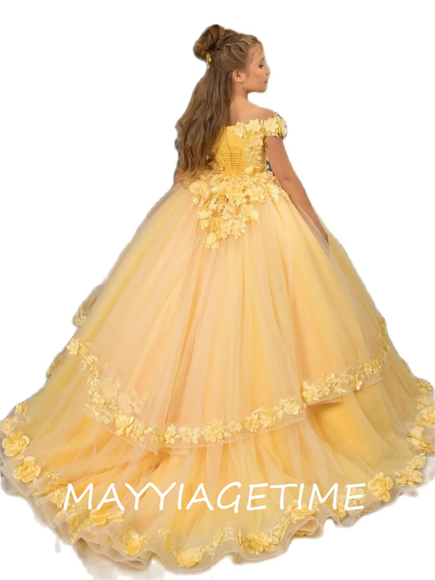 

Yellow Flower Girls Dresses Appliques Lace Corset Back Girls Pageant Birthday Prom Gown First Communion Gowns
