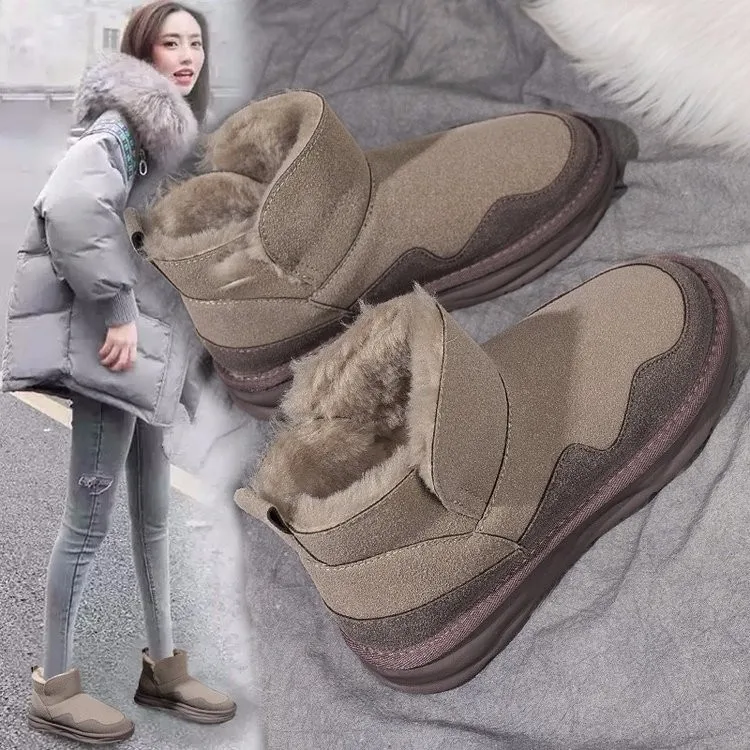 

Женские ботинки на плоской подошве, женская обувь, зимняя обувь, австралийские плюшевые ботинки с круглым носком, женские низкие кожаные меховые ботинки для снежной погоды 2023