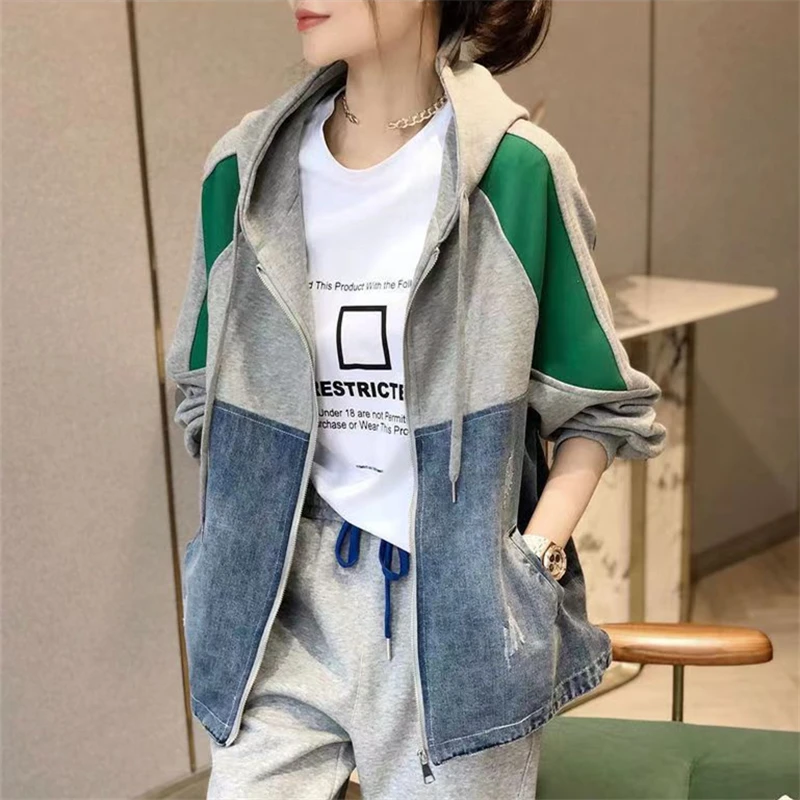 

Spring Autumn 2023 Fashion New Casual Colored Women's Hooded Loose Korean Casual Denim Jacket Top Tide H269
