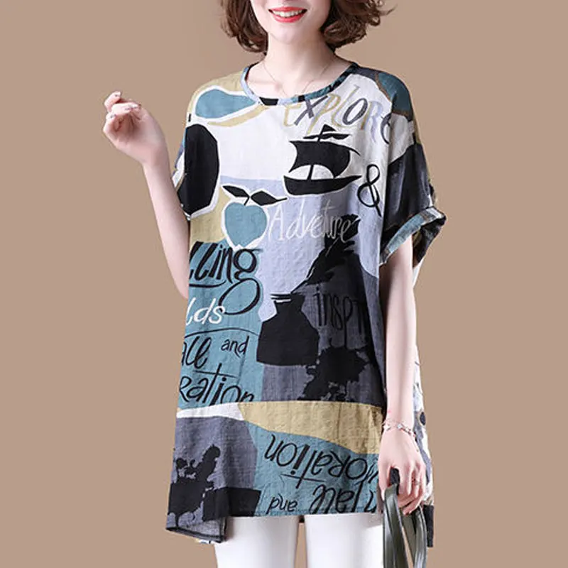 

Streetwear Loose Stylish Printed Midi Pullovers Letter Casual Round Neck Female Clothing Summer New Korean Short Sleeve T-shirt