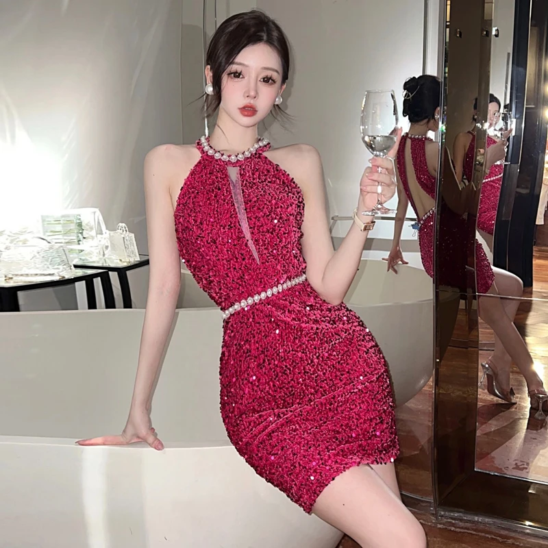 

Sexy Dress Women Sleeveless Sequins Patchwork Elegant Beaded Backless 2023 Summer New Slim Stretch Party Dresses Femme