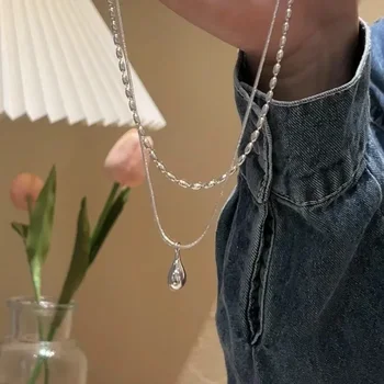 Fashion Silver Color Double Layer Waterdrop Pendant Necklace for Women Minimalist Metal Bead Clavicle Chain Necklace Jewelry