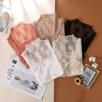 Sexy Thin Lace T-shirts Summer Lady O-Neck Long Sleeve Lace Patchwork Transparent Bottoming Shirt Tops QMDZ-WS-03 1