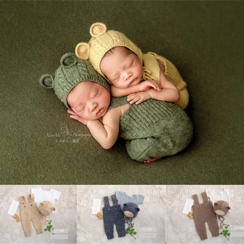 Dvotinst Newborn Photography Props Knitting Cute Bear Outfits Hat 3pcs Set Fotografia Accessories Studio Shooting Photo Props