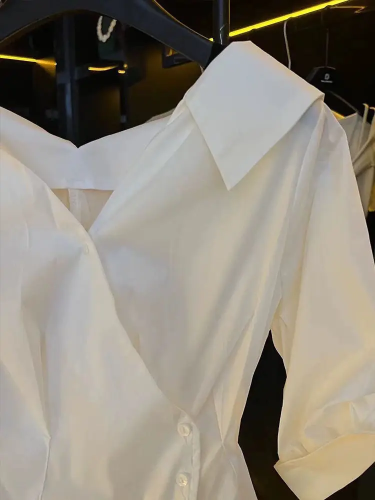 Elegant Short Sleeve V-Neck Shirt Women's Slim Blouse 2025 New Korean Commute High Waist Side Buckle Tops Female 5