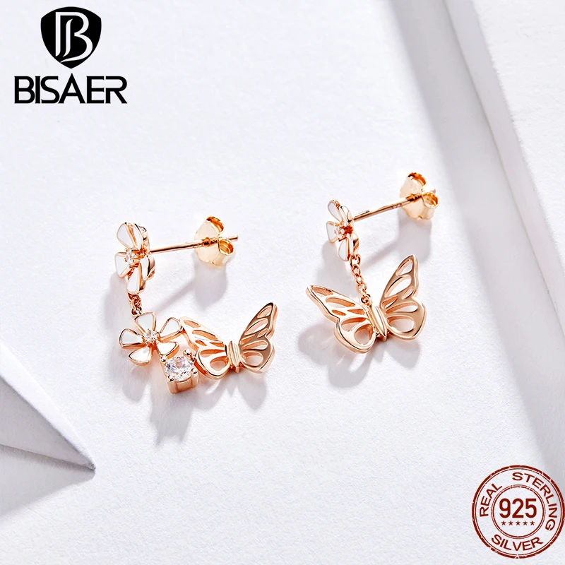 BISAER 나비 & 꽃 쥬얼리 세트 목걸이 귀걸이 도금 로즈 골드 여성을위한 우아한 파인 쥬얼리 선물