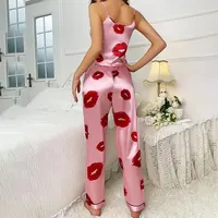 Women's Satin Pajama Set with Lip Print V-Neck Cami Top and Elastic Pants For Women Pijama Comfortable Sleep and Loungwear - Image 2
