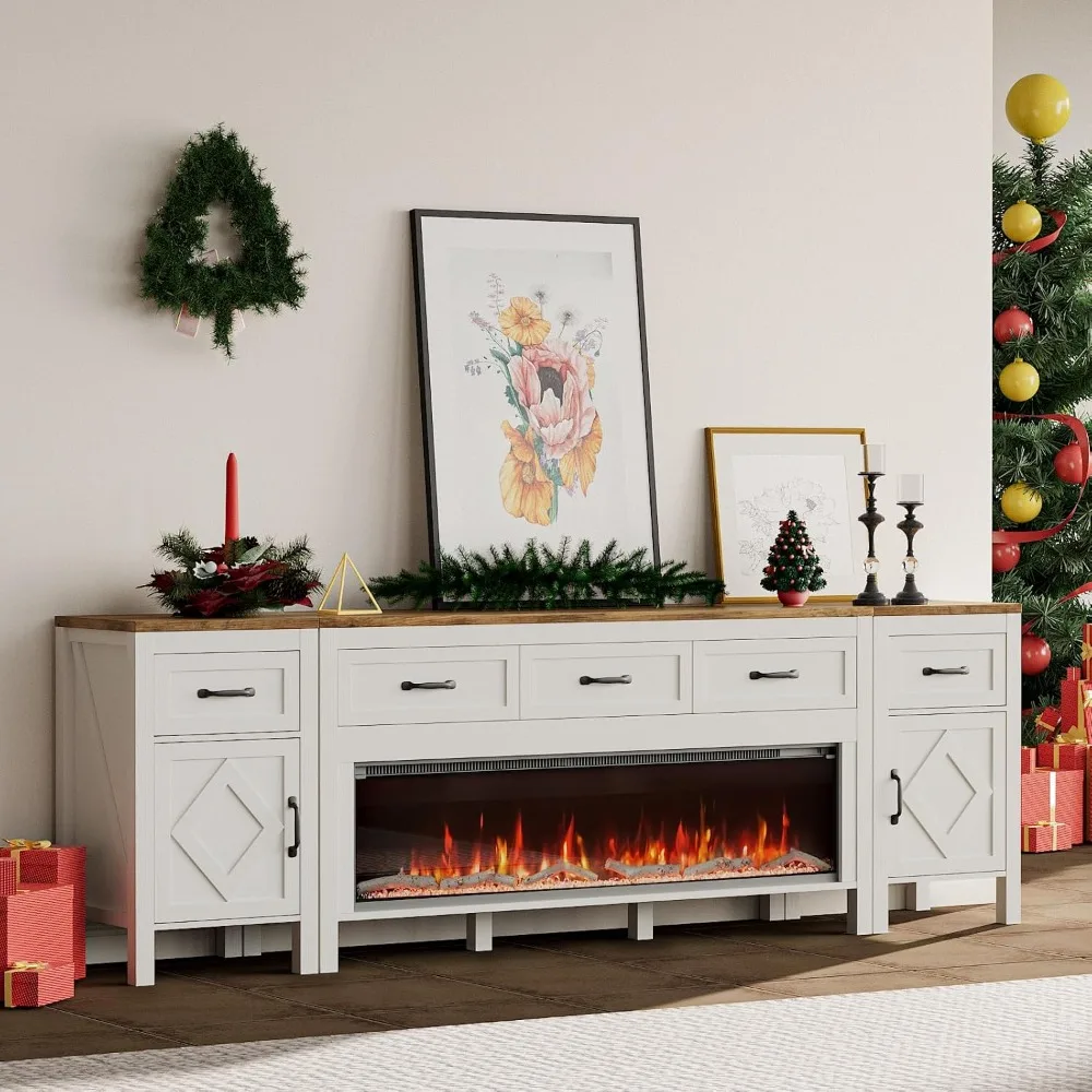 modern tv stand with fireplace for tvs up to 95 inch,entertainment center with 50" electric fireplace,88" tv console with storag