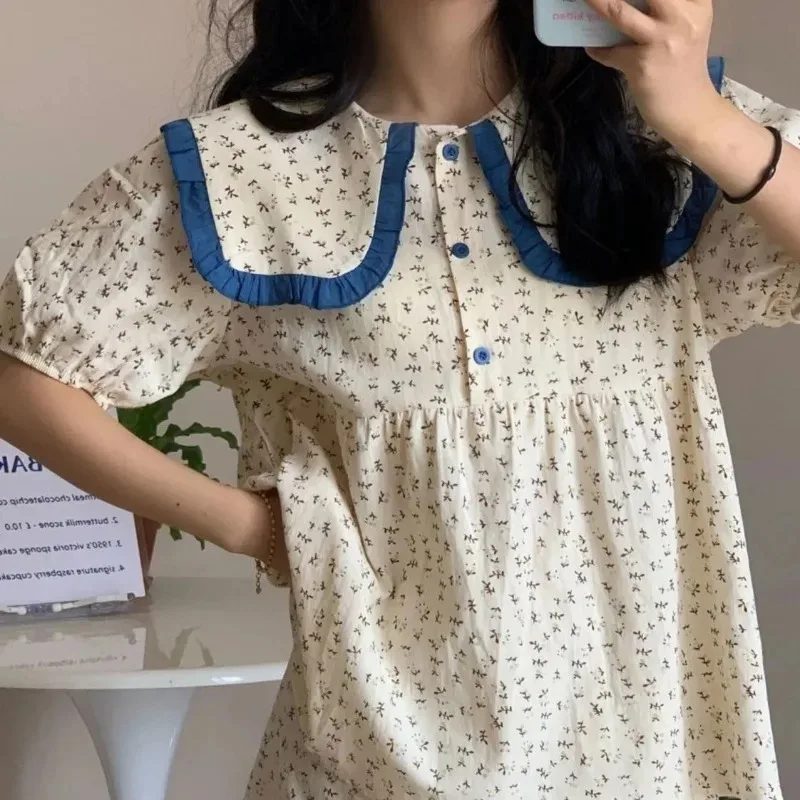 Salior Collar Sleepwear Women Pajama Sets Korean Short Sleeve Piiama Summer Set 2 Pieces Floral Night Wear Sleeping Home Suit