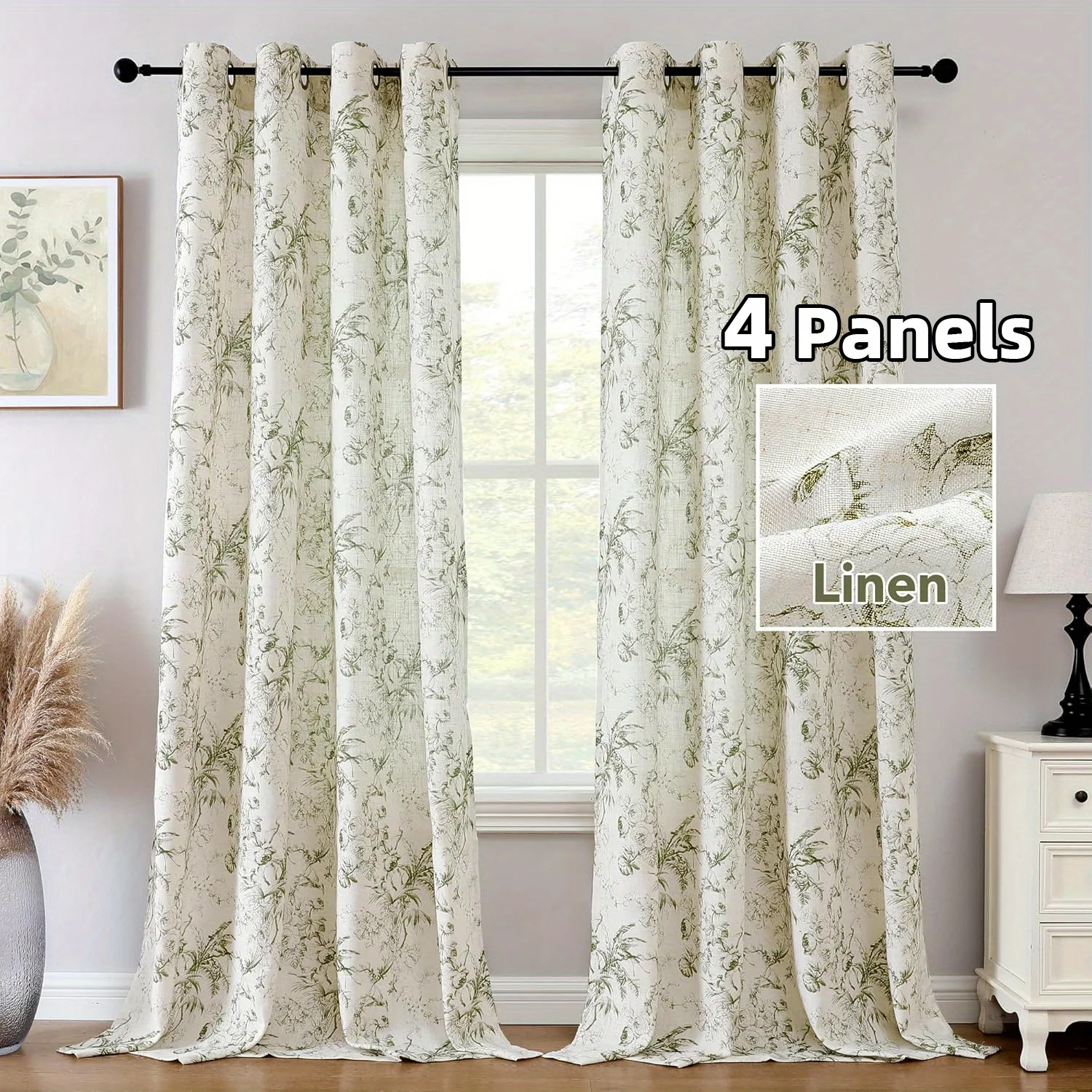 4 Panels Floral Print Linen Curtains for Living Room Drapes Privacy Linen Fabric Window Treatment Curtains for Farmhouse Decor P 5