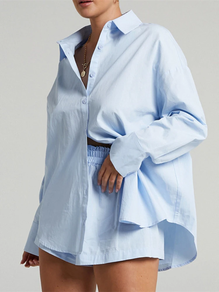 Fashion Twopiece Suits Women Outfits Lapel Blouses With High Waist Shorts Sets Patchwork Chic