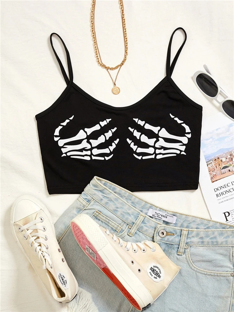 silk camisole Black Goth Skeleton Print Spaghetti Strap Crop Top Women Y2K Clothes Summer Harajuku Sexy V-neck Skinny Tank Top Emo Tee Shirt lace camisole