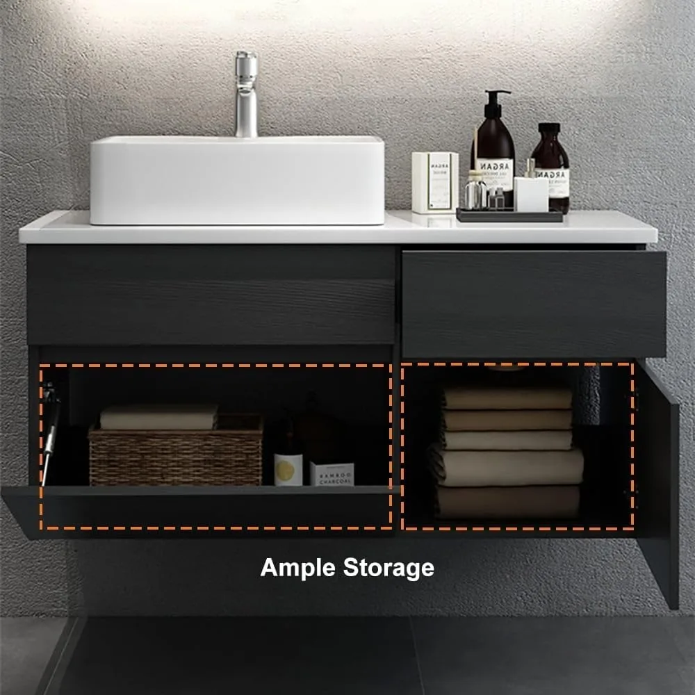Bathroom Organizers, 31'' Bathroom Vanity Floating Bathroom Sink Cabinet With Ceramic Vessel Sink Black & White Wall Mounted Flo 6