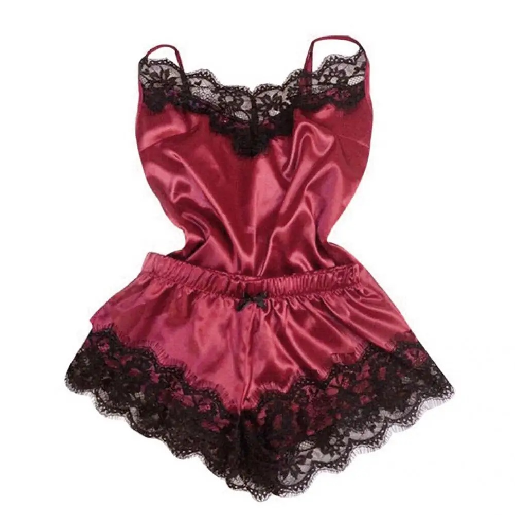 

Fashion Lace Stitching Sleepwear Set Comfortable Nightdress Set Sling Vest Elastic Waist Shorts Set for Vacation