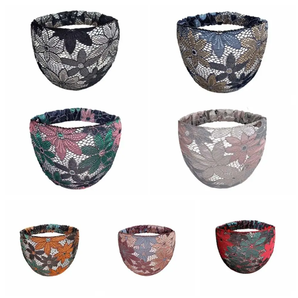 Temperament Non Slip Mesh Flower Headband Hollow Hair Hoop Lace Hairbands Korean Style Headwear Wide Side Head Wrap Daily