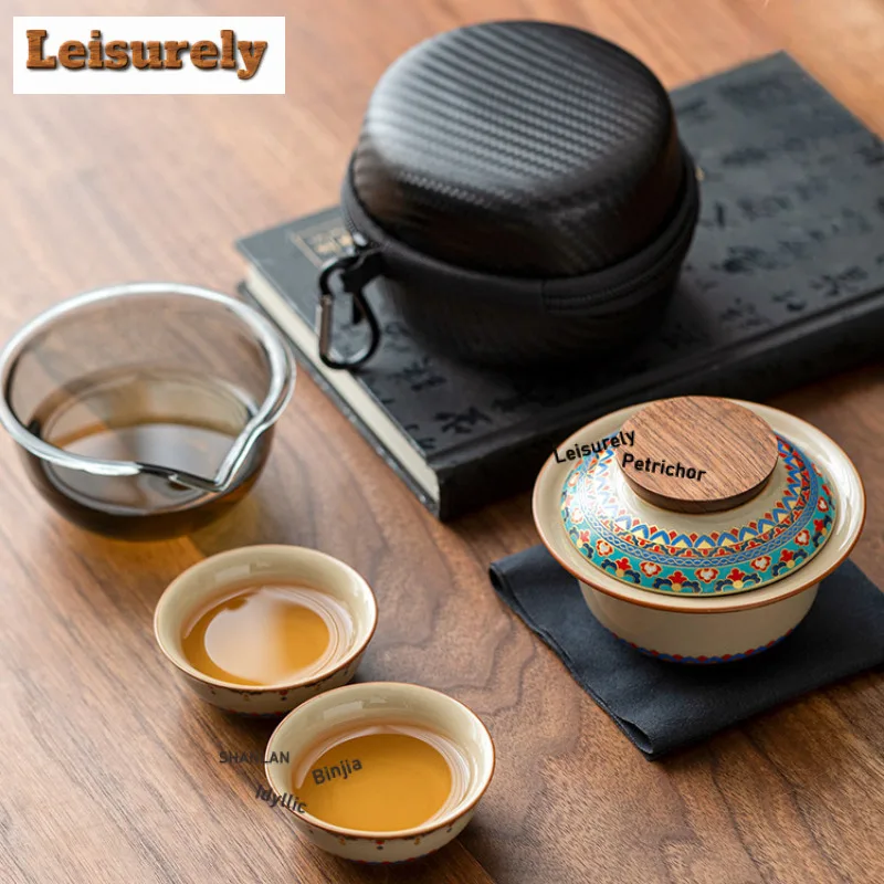 Dunhuang Baoxiang Pattern Travel Tea Set Kit Boutique 1 Pot 3 Cups Household Tea Brewing Organizer Portable Outdoor Stock Bags