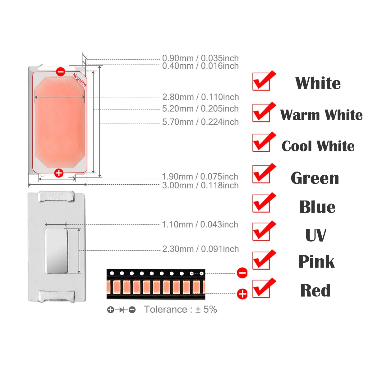100Pcs SMD 5730 5630 LED 다이오드 칩 0.1W 0.2W 0.5W 따뜻한 흰색 빨간색 녹색 파란색 노란색 주황색 UV 보라색 핑크 빛 구슬 방출