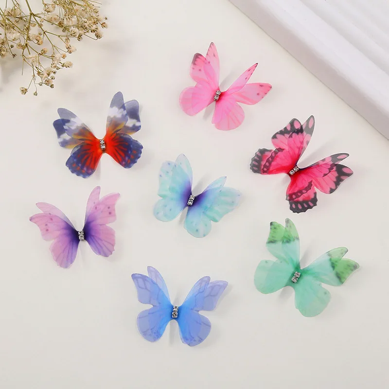 4.5cm 100pcs Double Layered Dimensional Gauze Mesh Butterfly Dreamy DIY Bride Hair Accessories Headwear Materia Nail Decoration jewelry making supplies craft supplies