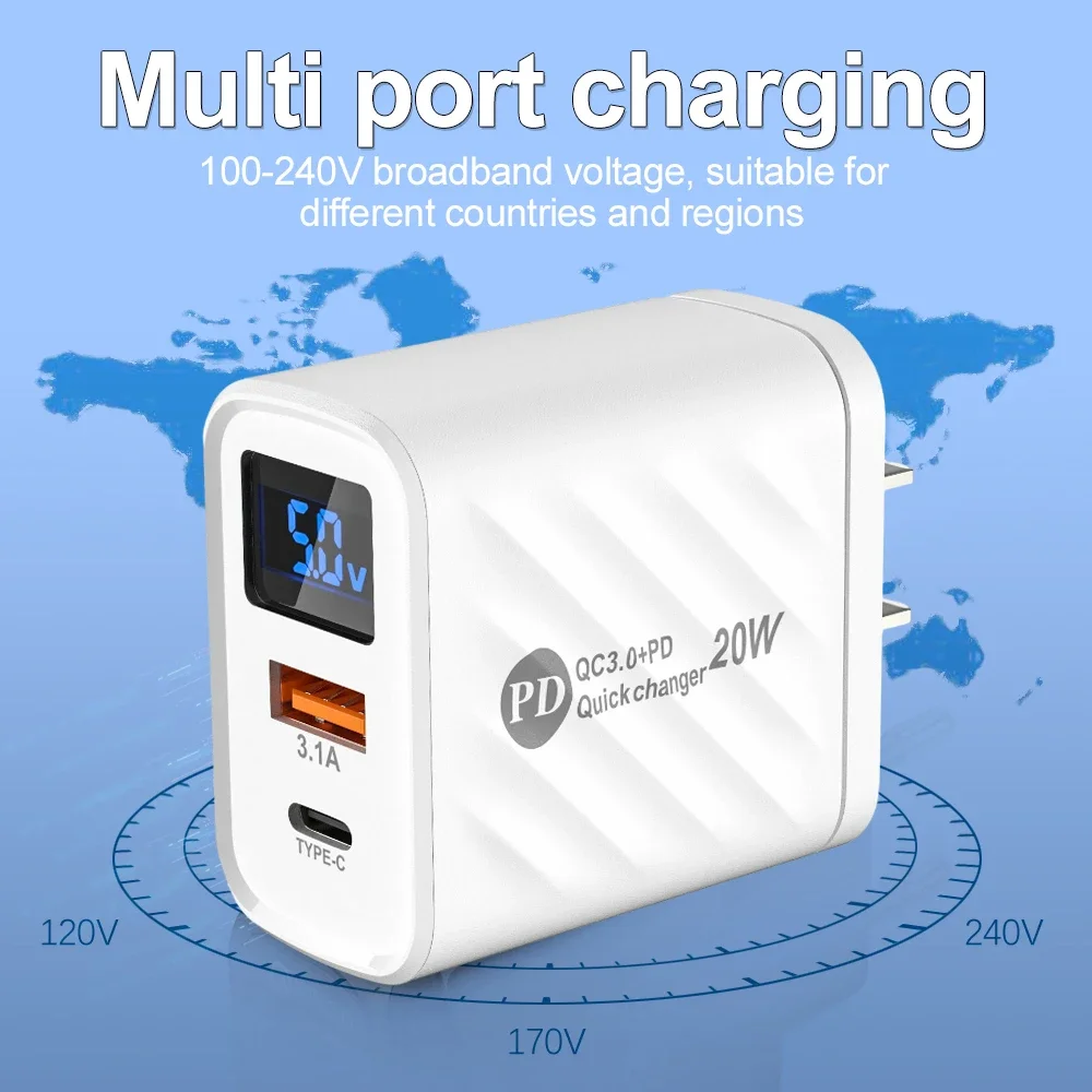 2 Ports Digital Display Chargers Quick Charge 20W PD USB Type C Charger Adapter for IPhone 14 15 Pro Max Samsung Xiaomi Huawei