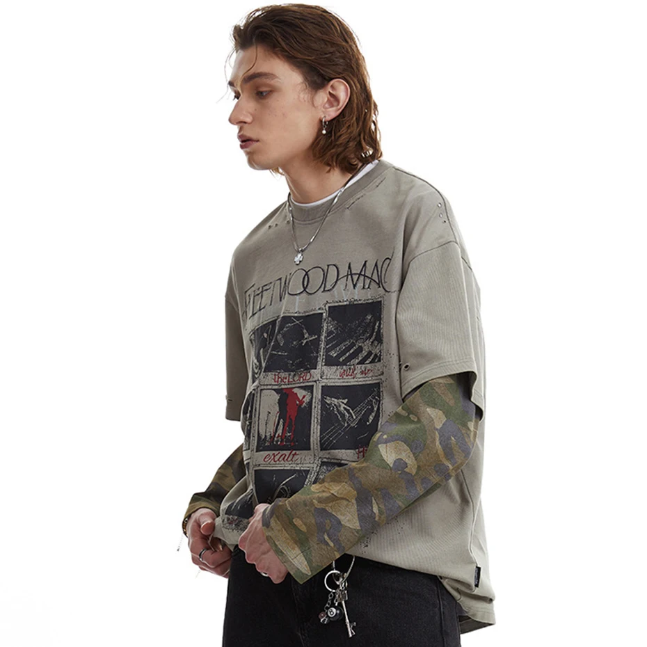 Camoufalge Patchwork Vintage T Shirts Fake Two Piece Long