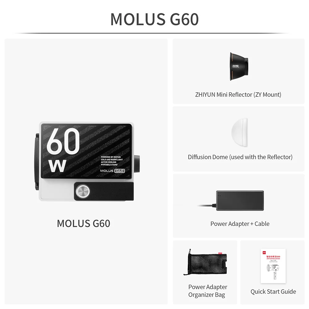 MOLUS G60 COB LED Video Light 60W Pocket Photography Lighting for Studio Video Y