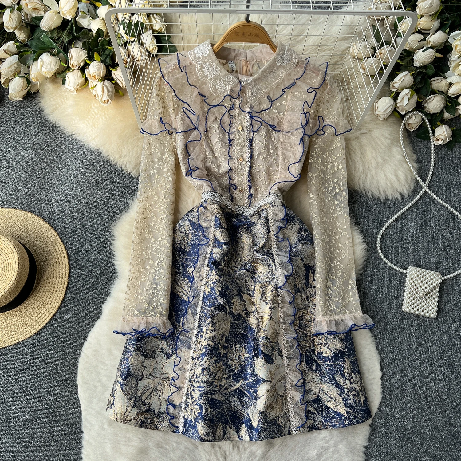 

Retro Elegant Lace Patchwork Jacquard Weave Dress A-line Long Sleeve Casual High Waist Dress Women Ceremonial Dress