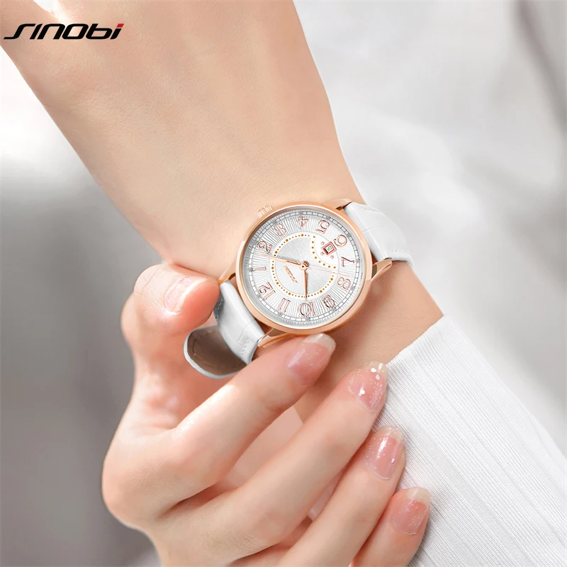 SINOBI Fashion White Leather Strap Woman Watches Original Design Calender Women's Quartz Wristwatches Gifts Clock For Ladies 3
