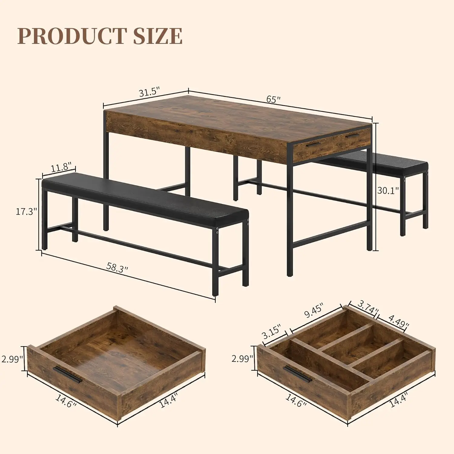 new-65" Dining Table Set for 4-6, 3-Piece Kitchen Set with 2 Utensil Drawers, 2 Benches & Wine Rack, Space Saving & Heavy Duty