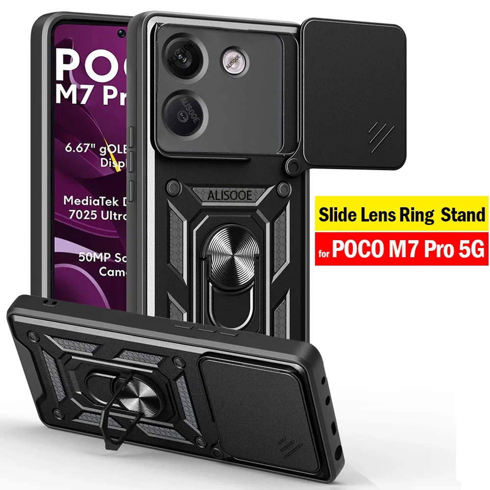 Armor Shockproof Case with Slide Camera Cover and Rotating Ring Stand