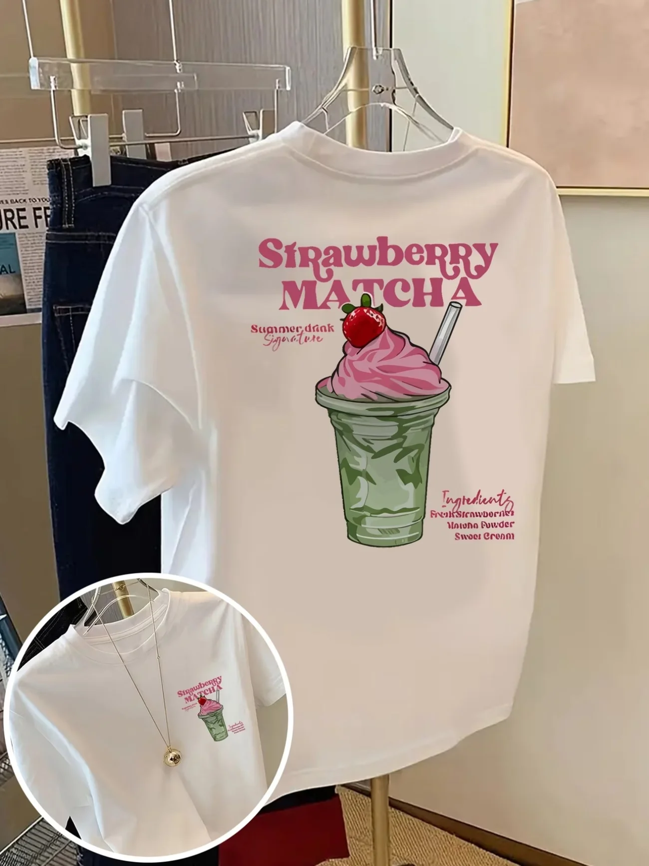 Cute Y2k Aesthetic Matcha Lover Tops Back Print Strawberry Matcha T Shirt Loose Streetwear Graphic Tees Women Fashion Clothing 1