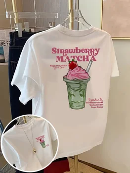 Cute Y2k Aesthetic Matcha Lover Tops Back Print Strawberry Matcha T Shirt Loose Streetwear Graphic Tees Women Fashion Clothing 1