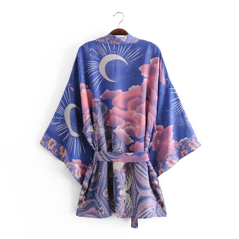 Bohemian Kimono Women V Neck Batwing Sleeves Floral Print Sashes Short Robe japanese kimono clothes
