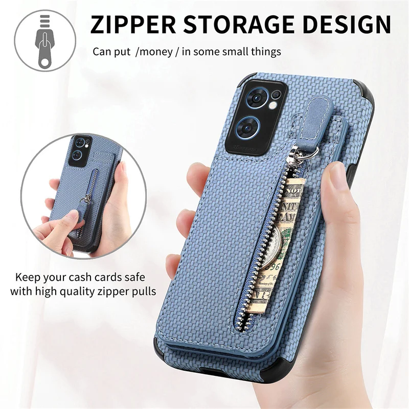 

Fashion Cover For OPPO Reno9 8 7 6 5 T Z K Pro Plus 5G Carbon Fiber Lines Zipper Bracket Card Bag Wallet Phone Case