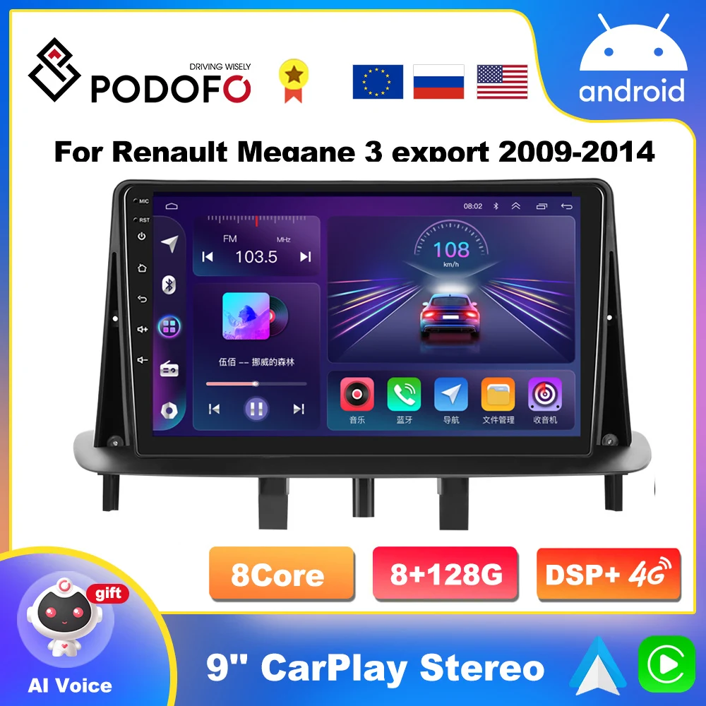 Podofo 4G Wifi CarPlay Auto For Renault Megane 3 Fluence Samsung SM3 2008 -  2014 Android Radio With Screen DSP 2din Head Unit