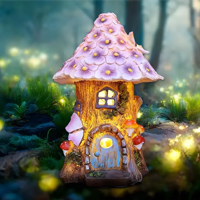 Fairy Garden House Solar Outdoor Statue, Light Up Mushroom Figurines Lawn Decorations for Yard, Fairies for Miniature House