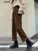 Jmprs Vintage Corduroy Pants High Waist Spring Straight Trousers Causal Pockets All Match Female Black Korean Pants