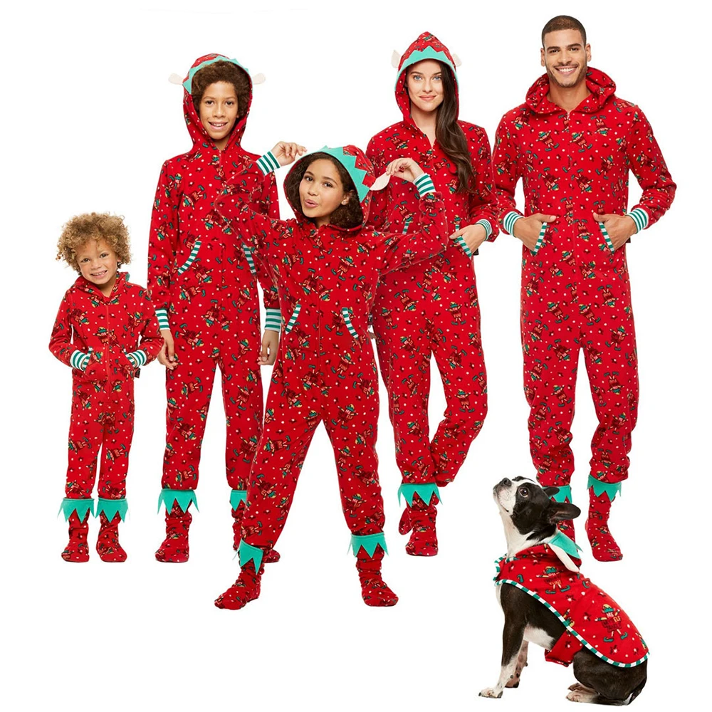 

Elf Matching Family Onesies With Hood Men Kids Women Red Christmas Pajamas Costume 2024