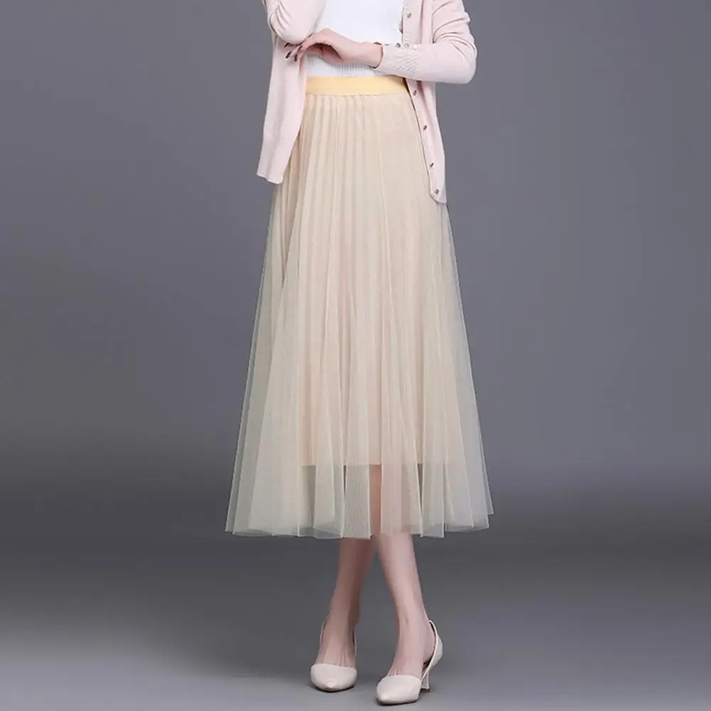 

Summer Mesh Skirt Highly Elasticity High Waist Drapability Loose Large Hem Casual A-line Pleated Skirt
