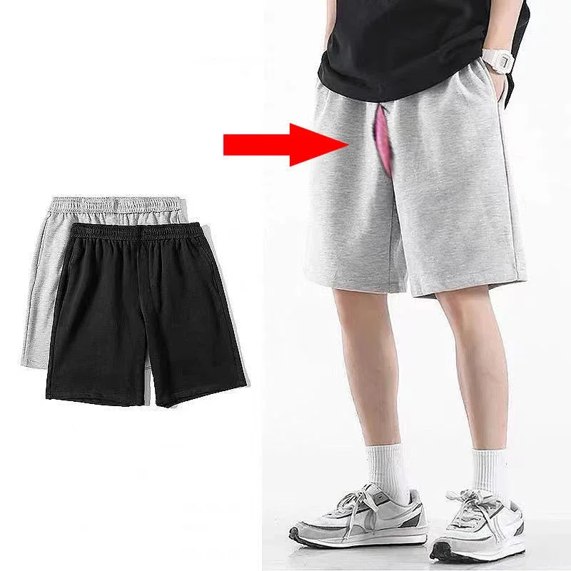 Summer Men's Invisible Zipper Open Crotch Shorts Outdoor Sports Mens Plus Size Casual Shorts Gray Black
