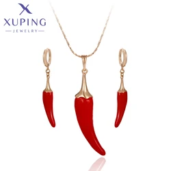Gold Plated Pepper Shaped Earrings and Necklace Jewelry Set (Red)