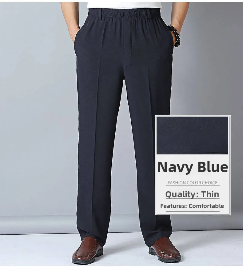 Ultra-Thin Ice Silk Elastic Waist Men's Casual Pants Qui-Drng Long Trousers for Middle-Aged And ly in Summer
