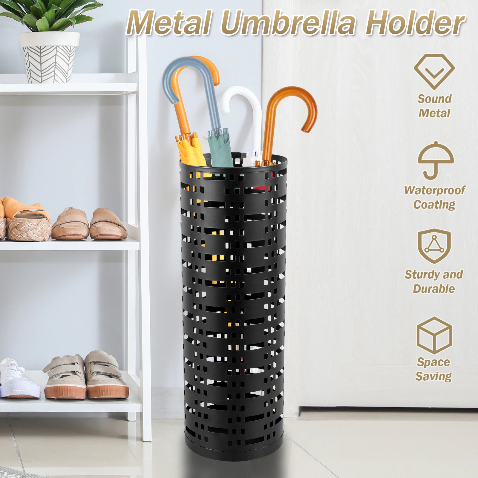 Metal Umbrella Storage Rack Free Standing Round Umbrella Bins Waterproof Hollow Storage Bucket For Indoor Home Office